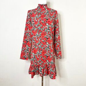 Missguided‎ Red Floral Mock Neck Ruffle Hem Shift Long Sleeve Mini Dress US 0